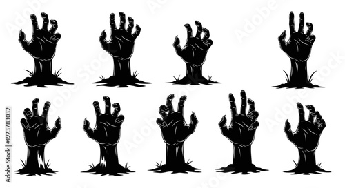 A collection of ten black silhouette zombie hands emerging from the ground, symbolizing horror and the undead.