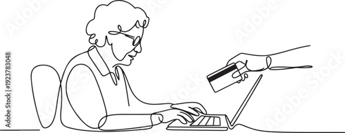 Continuous one line drawing grandma typing on laptop and thief taking credit card from behind screen. Hacking. Data. National Senior Fraud Awareness Day. one line Icon drawing