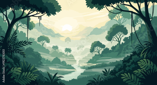 Hazy jungle valley at sunrise featuring a winding river and dense layers of tropical vegetation in soft green tones