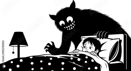A shadowy monster with sharp teeth and claws looms over a frightened child in bed.