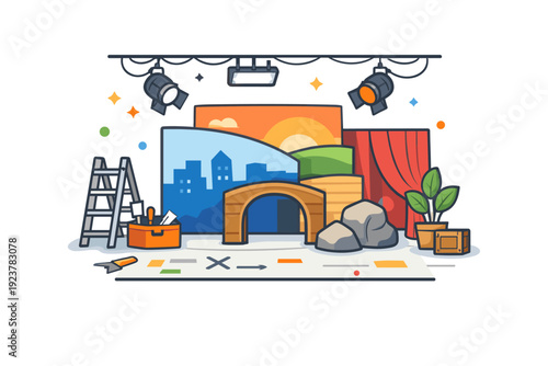 A theater set being built with props, backdrops, and lighting inspired by the transformation of an empty stage into a performance space. A