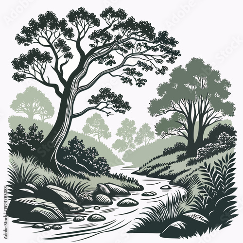 Serene landscape with trees and a stream