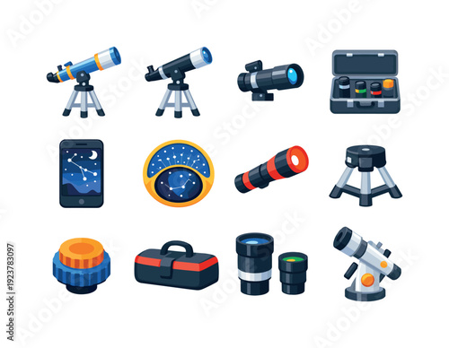 TelescopesAndGear. Colorful flat vector icons set of telescopes and gear: refractor telescope, reflector telescope, finder scope, eyepiece