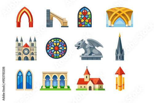 Gothic architecture. Colorful flat vector icons set of Gothic architecture: pointed arch, flying buttress, stained glass window, ribbed vault, cathedral