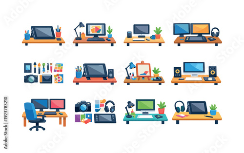 Digital art workspace. Colorful flat vector icons set of Digital art workspace: tablet desk