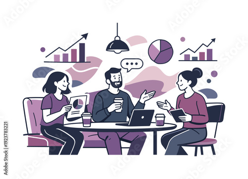 Casual business meeting. Relaxed cafe interior shapes, takeaway cups, charts blending into