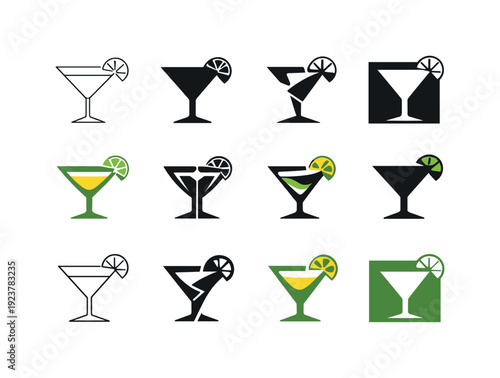 mixology. Icon set. Set Logo of mixology: cocktail glass with garnish. harmonious logo variations of the same emblematic concept, each with