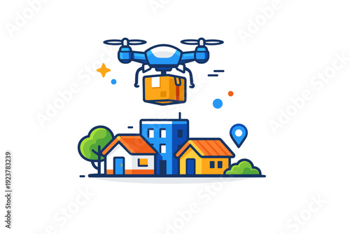 Drone-based deliveries focused on fast and efficient delivery of small packages directly to homes. A compact city scene with a flying drone
