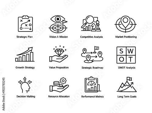 Business Strategy. Line outline icon set of Business Strategy: strategic plan, vision