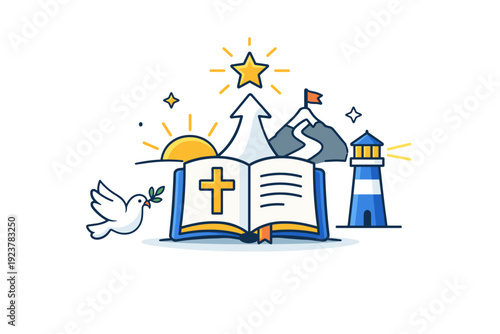 Christian teachings highlighting hope and guidance through moral values. A clear and optimistic composition using light directional symbols to represent