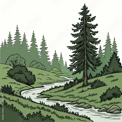 A serene landscape with a stream running through a forest