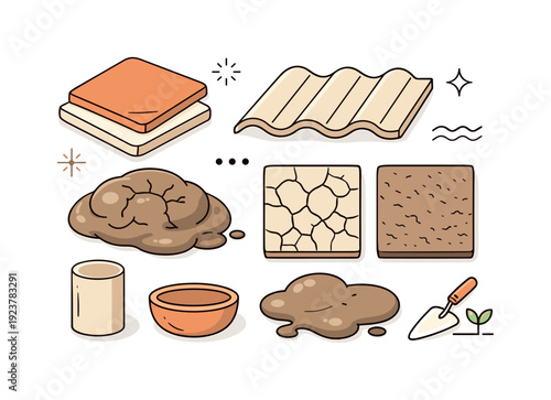 Clay and Mud Textures. Natural clay and mud surfaces. Still-life composition of clay tiles and mud textures with soft shadows, arranged neatly to suggest
