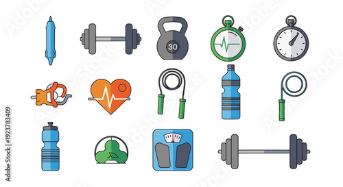 A collection of fitness and wellness icons depicting healthy lifestyle elements