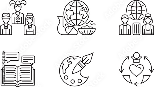 Collection of hand drawn vector icons representing global communication education and teamwork concepts