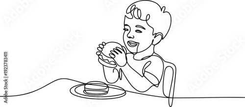 Single one line drawing young boy having hamburger meal with hands around table. Enjoy and happy lunch when hungry. Delicious fast food. one line Icon drawing