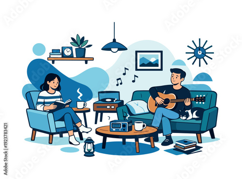 Vintage-inspired home. Balanced mix of cozy furniture, retro decor, and soft light, sense of