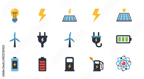 A Collection of Icons Depicting Renewable Energy Sources and Electricity Concepts