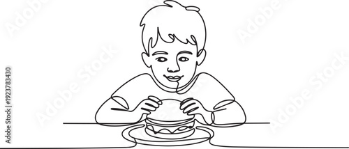 Single one line drawing young boy having hamburger meal with hands around table. Enjoy and happy lunch when hungry. Delicious fast food. one line Icon drawing