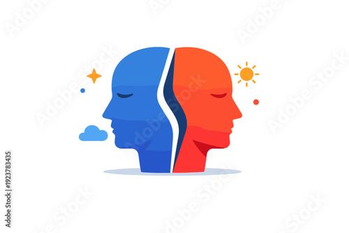 Inner conflict illustrated through a single human head silhouette split into two contrasting shapes that gently pull in opposite directions,