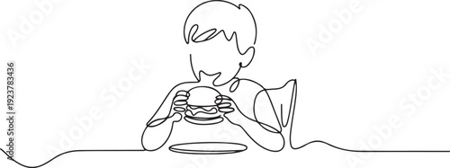 Single one line drawing young boy having hamburger meal with hands around table. Enjoy and happy lunch when hungry. Delicious fast food. one line Icon drawing