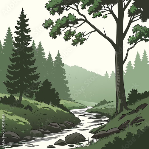 A serene forest landscape with a stream running through it
