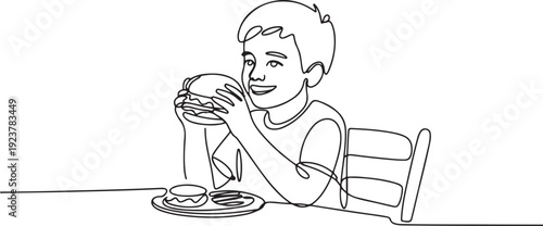 Single one line drawing young boy having hamburger meal with hands around table. Enjoy and happy lunch when hungry. Delicious fast food. one line Icon drawing