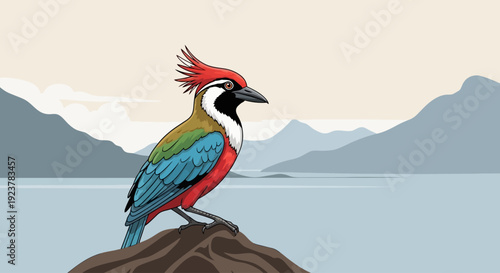 Majestic multi-colored exotic bird with a vibrant red crest perched on a rugged stone overlooking a serene mountain lake in a sophisticated vector illustration style