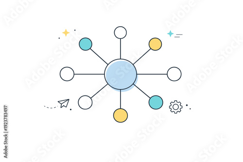 Calm network visuals. Central hub with evenly spaced connections, visual metaphor for stability, balance, and organized systems. Minimalist flat vector