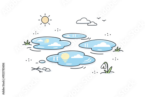 Puddles after melting snow. Small reflective puddles spread across the ground, capturing light and sky in soft shapes. Quiet aftermath of winter turning into