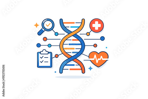 The future of personalized medicine and genomics represented by a DNA helix connected to data nodes and medical symbols, conveying the