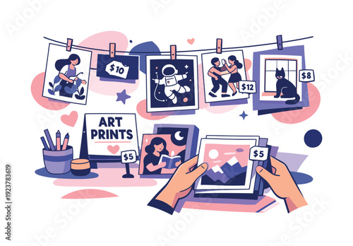 Craft market booth. Art prints clipped to strings or boards, small price tags and hands