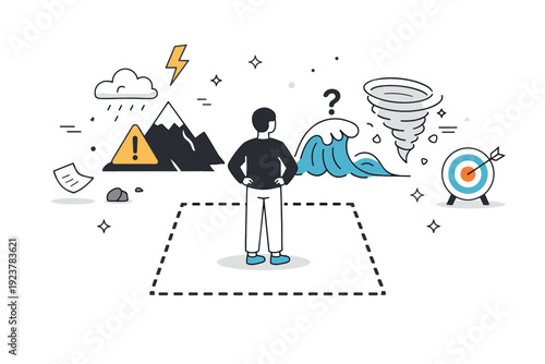 Controlled exposure to risk. Person standing inside a marked boundary, observing uncertain elements outside the safe frame. Calm awareness and controlled