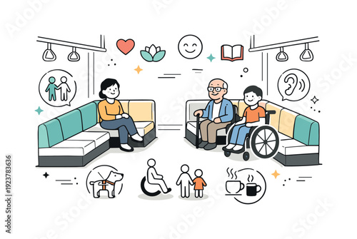 Diverse group of people with disabilities and companions sharing public transport with care