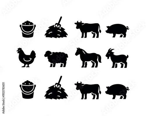 Animal feeding routine. Filled icon set of Animal feeding routine: feeding bucket, haystack,