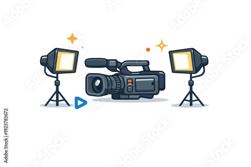 Broadcast camera and lighting setup close focused scene of a video camera framed by softbox lights, expressing technical precision and visual