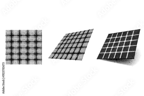 Halftone dot lattice grid. A single dot lattice grid shown in three views: flat view, diagonal view, and three-quarter rotation, highlighting intersecting grid
