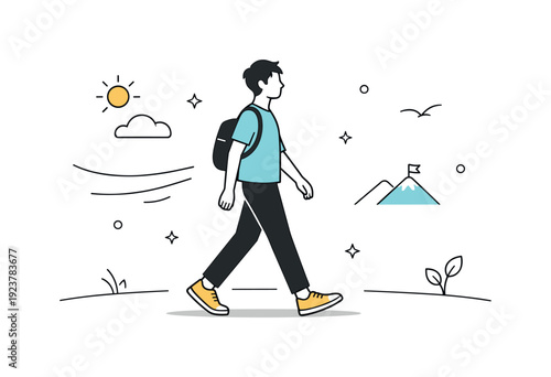 Young man with backpack walking towards a mountain peak with a flag