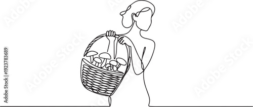Single continuous line drawing a woman carrying a rattan basket filled with mushrooms with both hands. Hunt until get a large amount. National Mushroom Hunting Day. one line Icon drawing