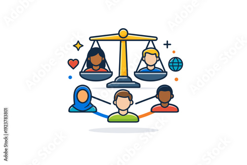 Equality Symbol Art. Human rights symbol focused on equality and non-discrimination across societies. A compact badge-style composition with balanced scales,