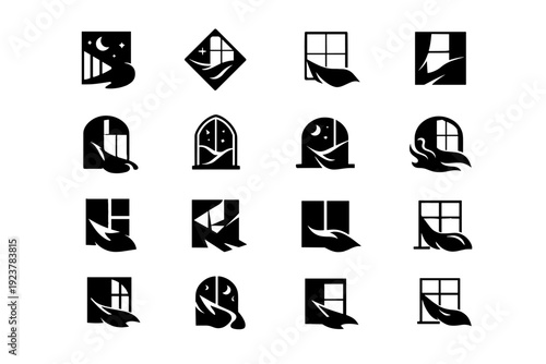 Darkness creeping through the window at night. Icon set. Set Logo of Darkness creeping through the window at night: abstract night glow