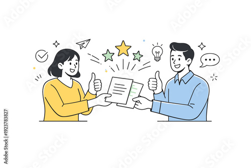 Celebrating small wins. Colleagues exchanging documents and giving thumbs up, abstract stars and motion lines accentuating positivity, cheerful and motivating