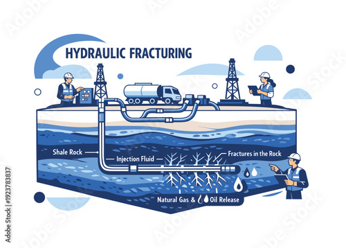 Hydraulic fracturing overview. Cross-section of the earth showing drilling rigs and