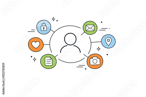 Decentralized data ownership. A minimal editorial scene with personal data icons stored around a central user symbol instead of a large platform, expressing