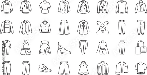 Collection of line art icons representing various clothing items and accessories for fashion design and style concepts