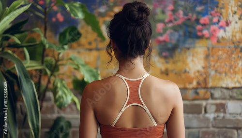 Rear View of Athletic Woman in Yoga Top Practicing Mindfulness in Urban Garden Studio