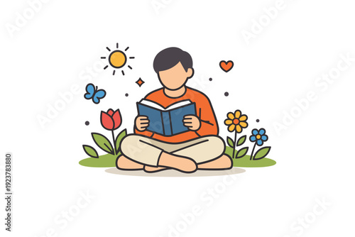 Spring relaxation a quiet moment with a person reading a book surrounded by flowers and soft sunlight, expressing slow living, comfort, and