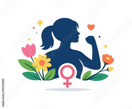 Women?s Day celebration a confident female silhouette surrounded by blooming flowers and subtle decorative elements, representing