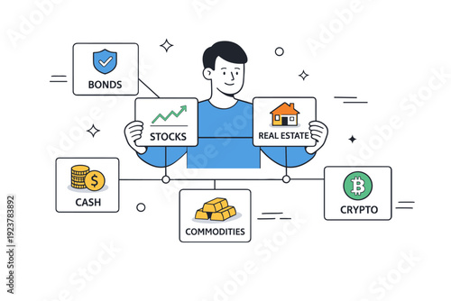 Diversified portfolio strategy. A person arranging different asset cards connected by simple lines, representing balance across investments.