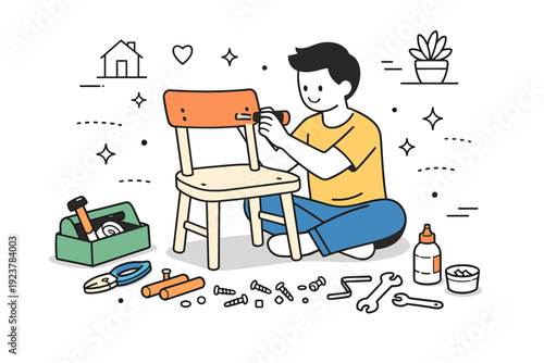 Weekend DIY projects at home. A cozy scene of repairing a chair with basic tools and spare parts nearby. The mood is relaxed, practical, and