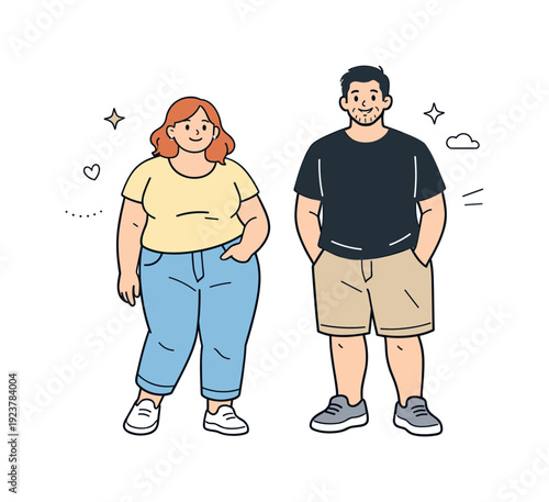 Non-model body types. Two people with different natural body shapes stand side by side, relaxed and confident in everyday clothing. Calm